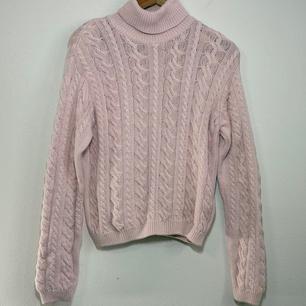 Vintage 90s Wainscott Cableknit Chunky Turtleneck Sweater Pink Cottagecore